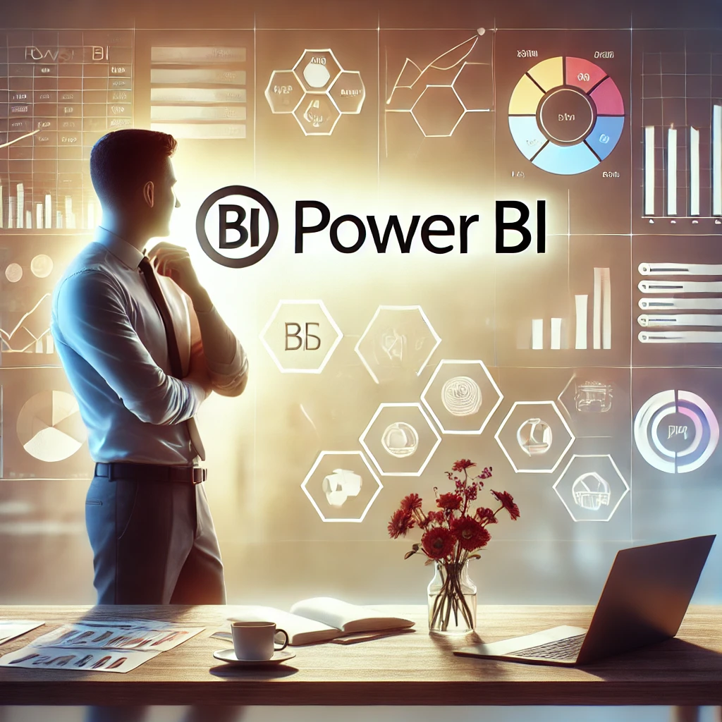 profesional observa el logotipo de Power BI. El fondo debe incluye elementos que simbolicen el análisis de datos