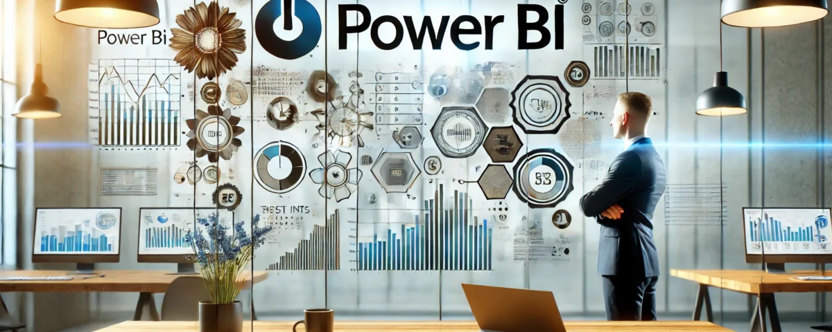profesional observa el logotipo de Power BI. El fondo debe incluye elementos que simbolicen el análisis de datos