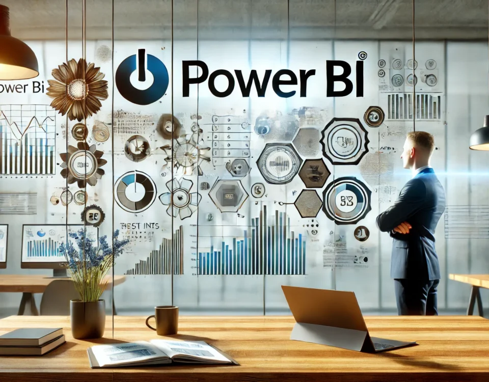 profesional observa el logotipo de Power BI. El fondo debe incluye elementos que simbolicen el análisis de datos