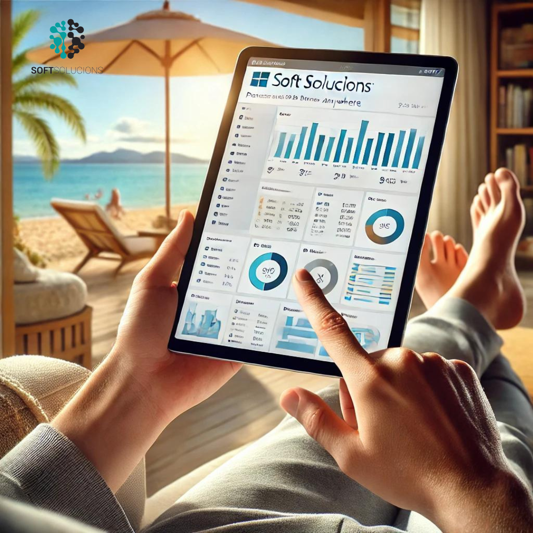 hombre analizando datos graficas de softsolution mientras esta estirado en el sofá y de fondo la playa