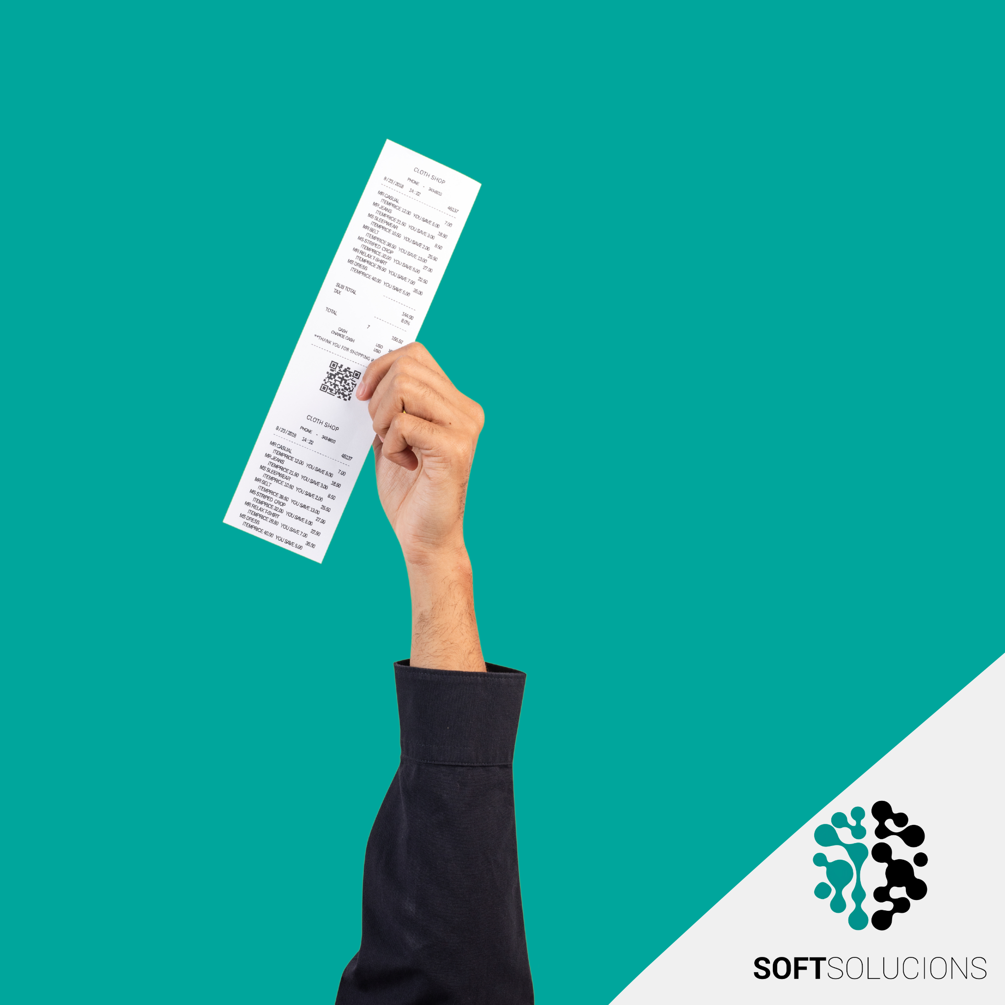 mano sujetando ticket y mas abajo logo softsolutions