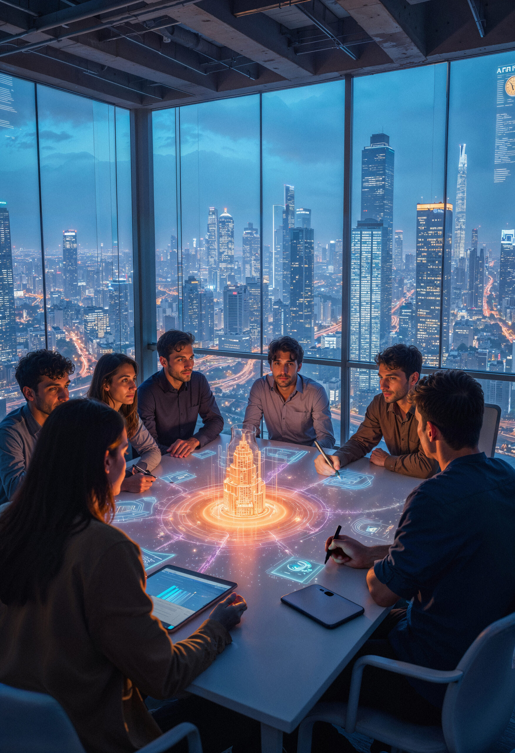 Reunión de negocios futurista con mesa digital y vista del paisaje urbano
